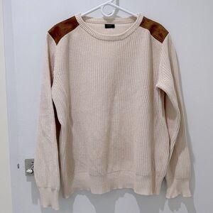 J.Crew Ivory With Brown Leather Shoulder Pads Knit Sweater Crewneck Large